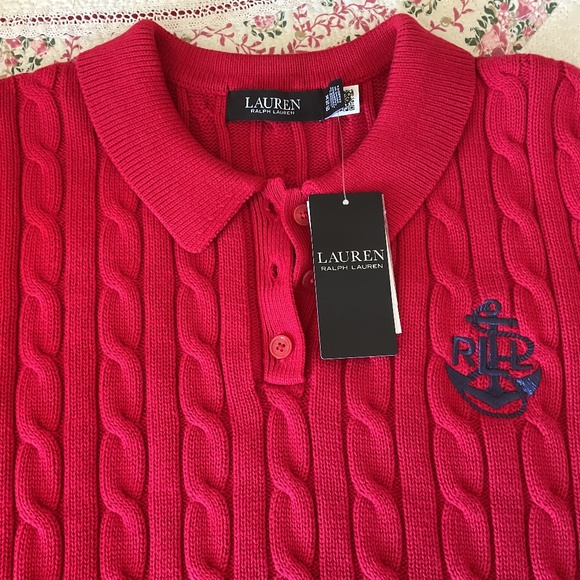 NWT Ralph Lauren Women's Anchor-Logo Cable-Knit Red Polo Sweater Size US XL - Picture 6 of 7